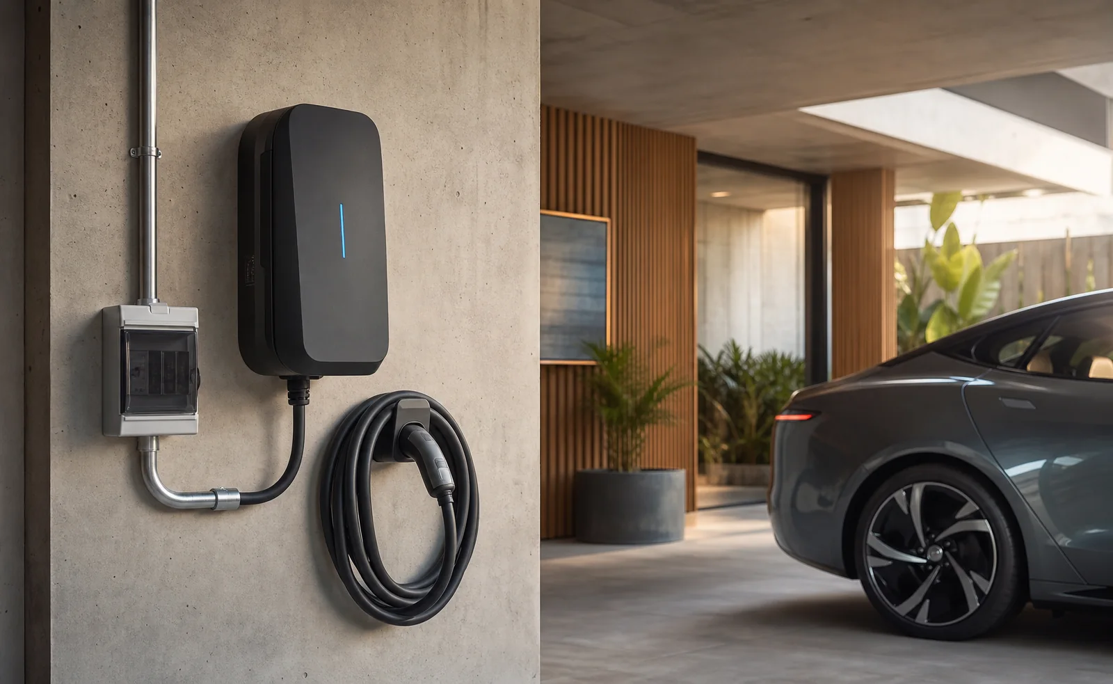 Wallbox moderno com proteção elétrica instalado em garagem residencial