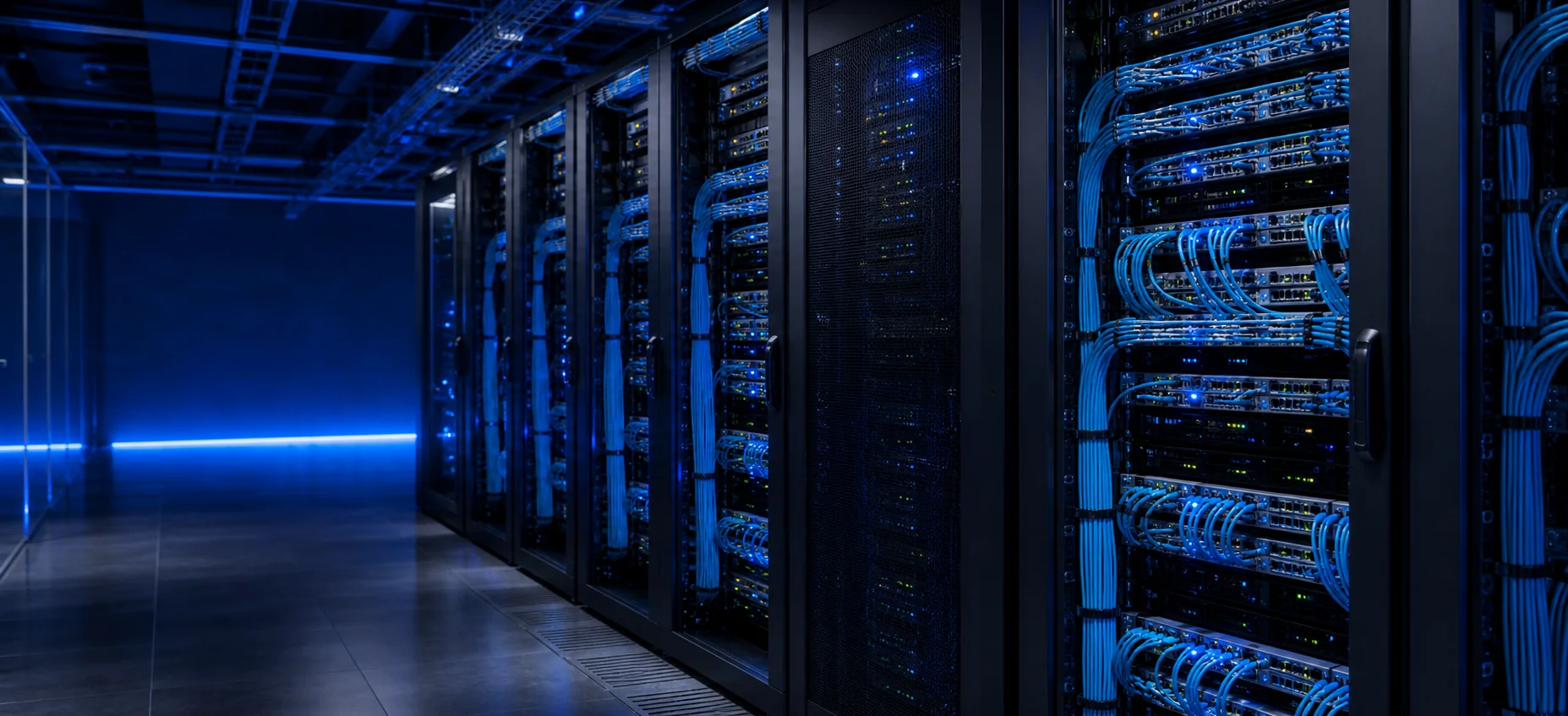Data center contemporâneo com racks e cabeamento estruturado em alta densidade