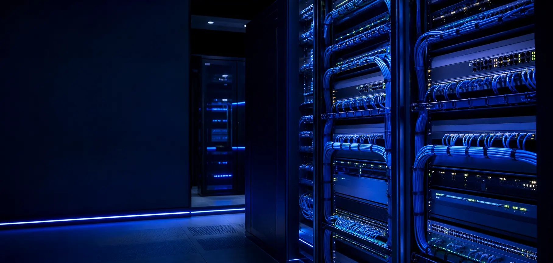 Data center moderno com racks e cabeamento de rede organizado