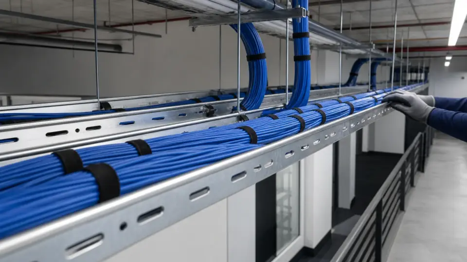 Cabeamento estruturado organizado em eletrocalhas técnicas