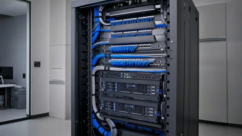 Rack corporativo com servidores e cabeamento organizado